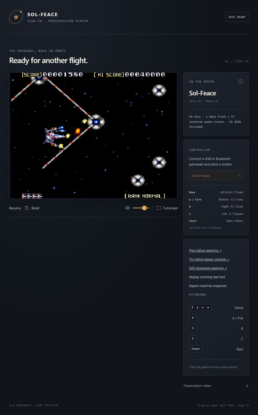 Original Sol-Feace gameplay: a silver-blue fighter weaving through mechanical enemies and red beams
